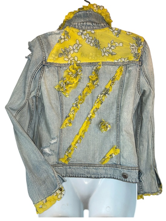Ragamuffin Couture by Dressed Up Cat Jackets & Blazers - Ragamuffin Couture: embellished Denim Jacket women's M, yellow Floral ruffles